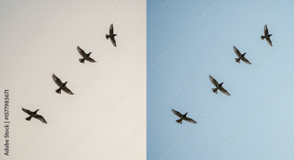 Fototapeta premium Group of Birds Flying in Clear Sky During Day in Minimalist Composition