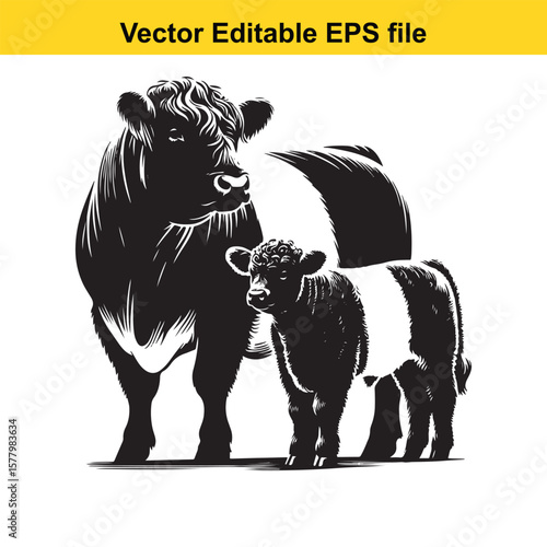 A Dairy Cow and Calf – Standing Black and White Illustration in Minimalist Style