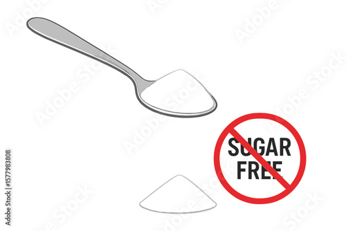 Spoon with white sugar or salt, pouring ingredient, sugar-free no sugar sign, healthy diet concept, baking and cooking ingredients, vector illustration isolated