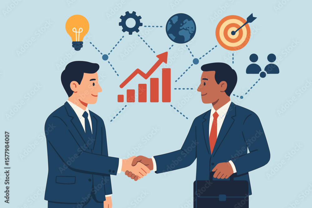 Business partners shake hands. Global business partnership. Successful collaboration and agreement to achieve strategy. Growth graph, network marketing icons, teamwork, goal. Business partners shake hands. Global business partnership. Successful collaboration and agreement to achieve strategy. Growth graph, network marketing icons, teamwork, goal.