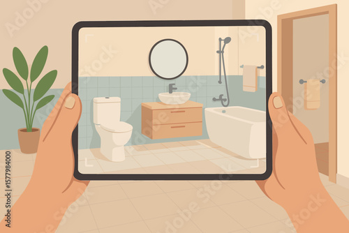 Augmented reality bathroom planning and interior design. Hand holding tablet with AR app for home renovation, choosing sanitary ware and furniture. Virtual product experience.