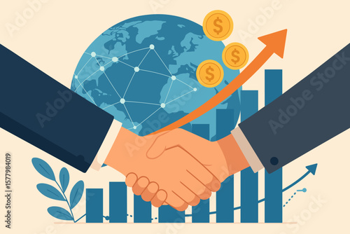 Business handshake for a successful investment deal. Economic growth graph chart on a global network background. Teamwork, partnership, and financial success concept vector.