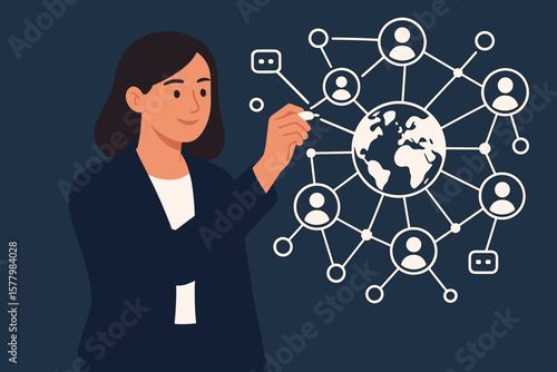 Businesswoman drawing global network structure. Concept of customer connection, data exchange, worldwide team management, and business strategy. Modern flat vector illustration.