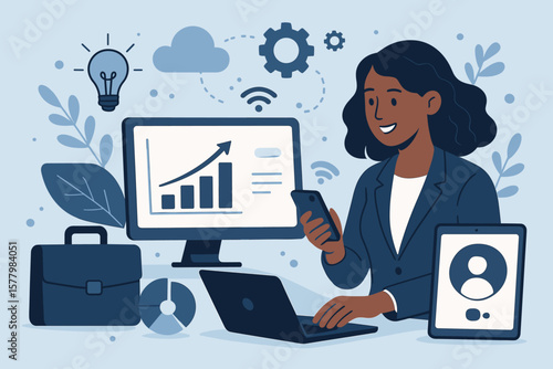 Business technology concept. Data analysis. Financial report. Marketing analytics. Startup growth. Businesswoman multitasking at desk. Manager with laptop, computer, phone. Modern office.