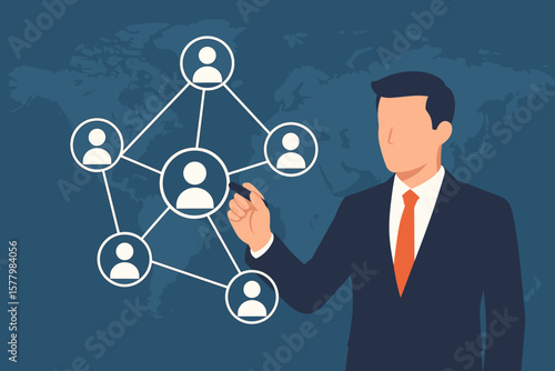 Businessman drawing a network connecting customer icons for a global business. Project management, CRM, customer relationship management, and recruiting vector concept.