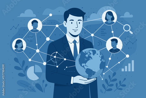 Businessman holding earth, symbolizing global business. Customer networking connection concept with data analysis, social media marketing, and internet technology for growth.