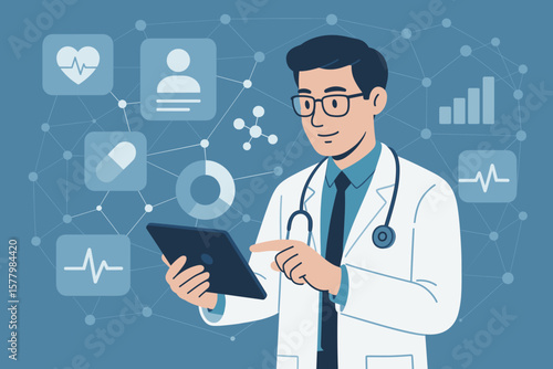 Digital healthcare technology concept. Doctor analyzing electronic medical records on tablet. Medical data network, telemedicine, health informatics, virtual patient care interface