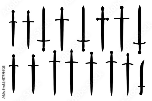 Medieval and Fantasy Sword Silhouettes Collection. Black Vector Set of Swords, Daggers, Cross Guards. Classic and Fantasy Weapon Designs, Isolated on White Background.