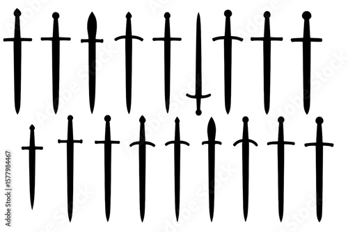 Medieval Sword Silhouette Collection, Vector Illustration of Swords, Daggers, Cross Guards, Black Weapon Designs, Unique Blade Shapes, Isolated on White Background
