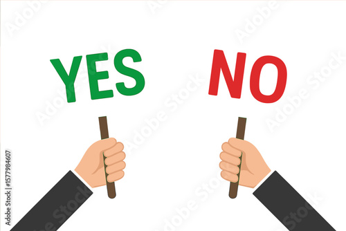 Business hands holding Yes and No signs. Choice and decision making concept. Dilemma of agreement or disagreement. Voting, survey feedback or opinion poll vector banner.