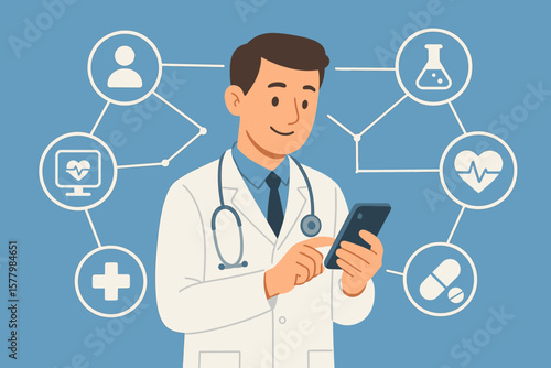 Modern Doctor Using Smartphone with Virtual Medical Network Connection Icons, Telemedicine Technology, Healthcare Innovation, Flat Vector Cartoon Illustration