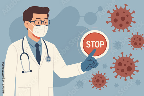 Doctor pressing stop button to prevent coronavirus COVID-19 outbreak, medical technology research, pandemic control, healthcare diagnosis, virus protection, safety concept