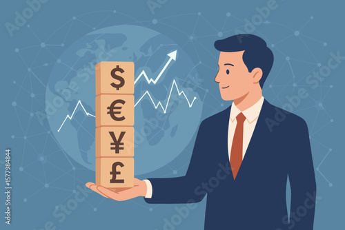 Businessman Holding Currency Symbols on Cubes, Forex Trading and Currency Exchange Concept, Unstable Currency Fluctuations, AI Technology in Finance