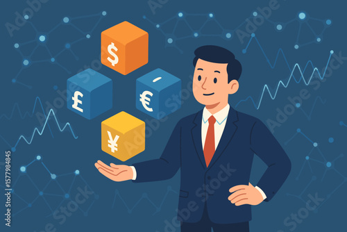 Businessman with global currency symbols dollar, euro, pound, yen. Forex trading, stock market investment concept. Financial exchange and economy analysis vector illustration.