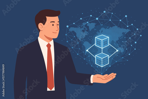 Businessman holding blockchain technology and big data network. Global connection, data exchange concept. Online business communication, financial technology, digital future metaphor.