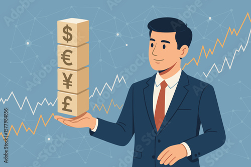 Businessman holds currency symbols on cubes. Forex trading, global investment, and financial market concept. Currency exchange rate fluctuation and economic volatility vector.