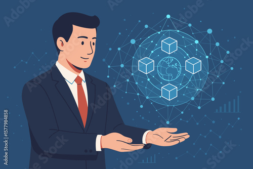 Businessman holding blockchain technology. Big data network connecting global network and data exchanges. Online business communication on social network. Financial and fintech.