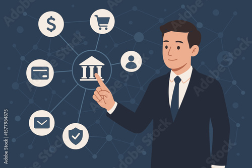 Businessman touching bank icon on network connection. Digital marketing, finance and banking networking concept. Fintech, online shopping, customer network and payment.