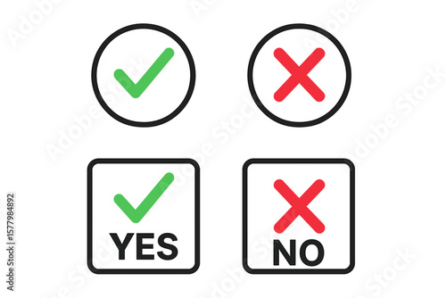 Green check mark and red cross icon set. Yes and no button collection. Tick and x symbol for survey, vote, choice. Right, wrong, approve, and decline vector signs collection.