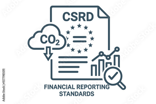 CSRD EU Corporate Sustainability Reporting Directive icon. CO2 emissions reduction. Financial reporting standards for sustainability disclosures. ESG audit and transparency.