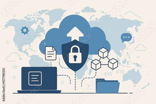 Cyber security on cloud technology. Secure data storage, exchange of business information. Internet cloud, blockchain, file transfer protocol, file sharing for digital business.