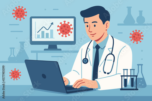 Doctor at laptop analyzing coronavirus data. Scientist in lab researching covid-19 vaccine. Virologist studying pandemic statistics, chart, graph. Medical vector illustration.