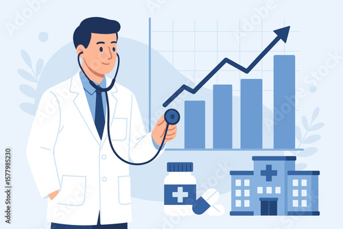 Healthcare business growth concept. Doctor with stethoscope analyzing financial chart graph. Medical industry success, market trends, hospital profit, and investment analysis.