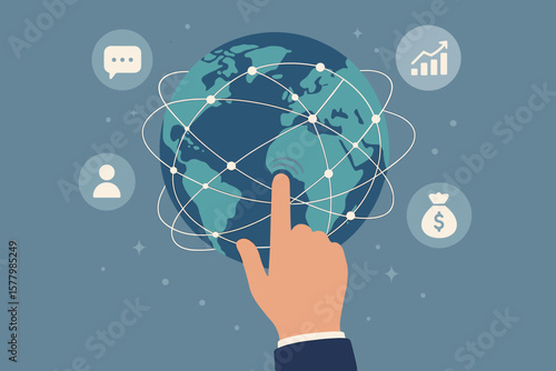 Hand touching earth, global network connection. Telecommunication and social media concept. Digital marketing, business data exchange, investment, and financial technology.