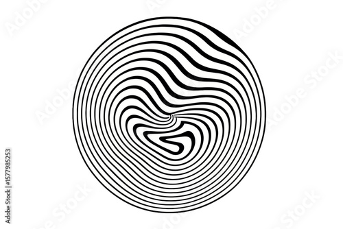Abstract spiral vortex in circle. Optical illusion with distorted wavy lines. Hypnotic psychedelic op art graphic design element. Modern black and white vector background.