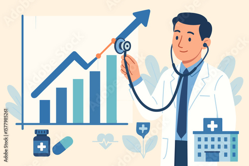 Medical business growth graph. Doctor hold stethoscope analysing business chart. Healthcare marketing on economy data for public health development. Medicine finance vector.