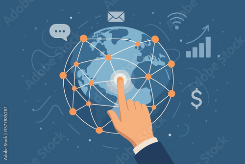 Hand touching global network. Business technology connection. Telecommunication communication. Social media, digital marketing, data exchange, and financial investment concept.