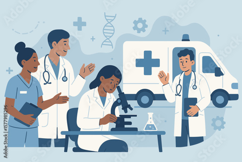Healthcare medical team concept. Doctors, nurse and scientist working together. Laboratory research with microscope. Ambulance emergency service. Health tech innovation vector.
