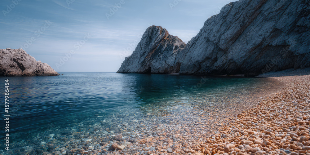 Fototapeta premium Rocky cliffs rise above calm, clear water, with a pebble-covered shoreline stretching into the distance. Serene coastal landscape