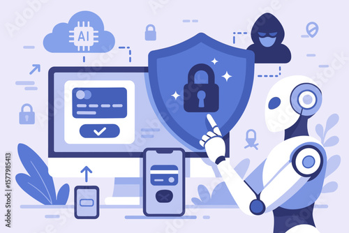 Artificial Intelligence Cybersecurity System Protecting Online Transactions, Secure Data Encryption, Fraud Prevention, Robot, Hacker, Digital Shield, Flat Vector Illustration