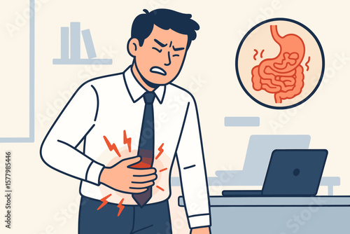 Businessman Experiencing Severe Stomach Pain at Work, Gastrointestinal Disorder, Stress-Induced Abdominal Discomfort, Office Health Problem, Digestive System Medical Concept Illustration