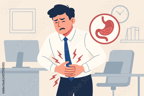 Man experiencing stomach pain, holding abdomen, suffering from stomachache and gastrointestinal disease, work-related stress, office healthcare concept, medical illustration