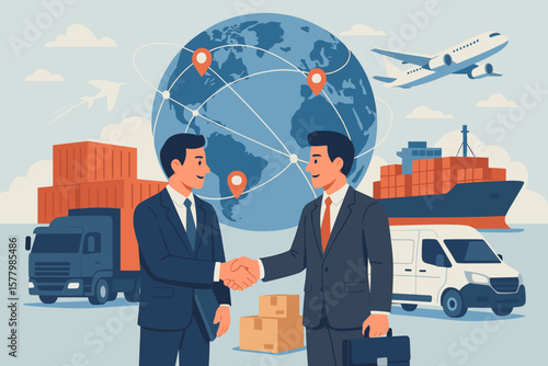 Global logistics and transportation partnership, businessmen handshake, international shipping, import export, freight distribution, supply chain, cargo network, delivery agreement