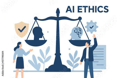 AI ethics and responsible governance concept. Artificial intelligence vs human on scales of justice. Fair, legal, and transparent technology regulation. Machine learning future.