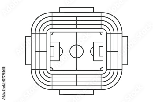 Football Stadium Top View Vector, Soccer Field Outline, Stadium Seating Plan, Arena Architecture Blueprint, Linear Sports Arena Map, Transparent PNG, Editable Line Art Illustration