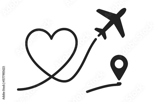 Love travel concept. Airplane line path in heart shape. Romantic flight route with start point pin. Honeymoon trip icon. Vacation journey symbol. Airline destination.