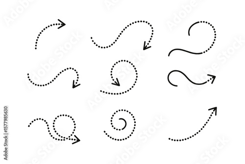 Dotted arrow vector icon set. Dashed line path collection. Curved, twisted and spiral arrows. Direction symbol for infographic design. Loop, swirl and circle pointers.