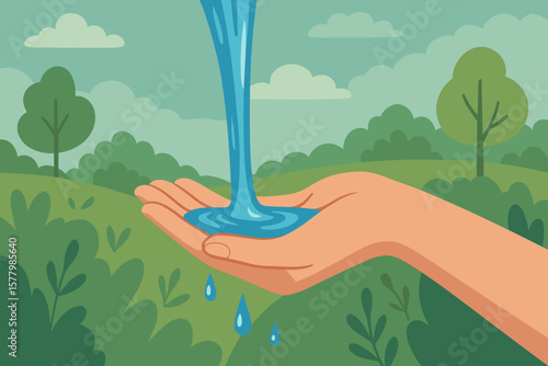 Water pouring into cupped hands. Concept of saving water, conservation, and environmental care. Pure, clean resource on nature background. Ecology and sustainability vector.