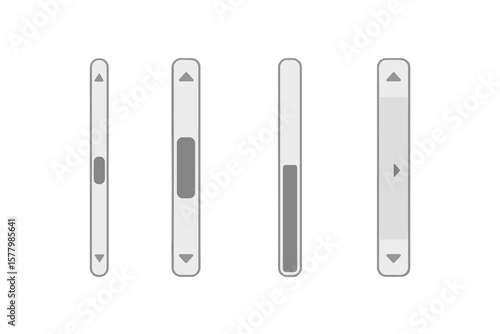 Vertical scrollbar set vector. UI design elements. Isolated scroll bars, sliders, up down arrows. Interface widget icons. Web app, software, mobile user interface components