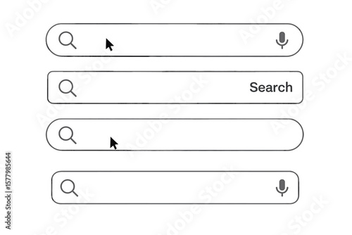 Modern search bar UI elements set. Web page search box templates collection. Internet browser interface. Magnifying glass, microphone, cursor icons. Isolated vector illustration