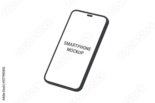 Modern 3D Smartphone Mockup, Isometric Black Mobile Device, Minimal Front View, Blank Screen, High Quality Phone Template, UI UX App Presentation, Realistic Tilted Shadow