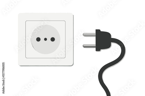 Electric plug and outlet socket unplugged. Connection and disconnection concept. Metaphor of 404 error, page not found. Wire, cable of energy. Vector illustration.