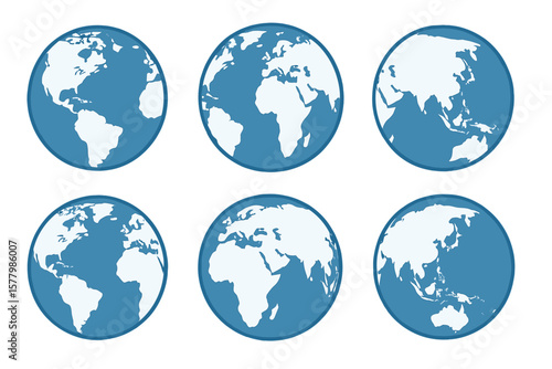 Earth globe set. Planet sphere icon with world map. Different continent hemispheres view. America, Europe, Africa, Asia, Australia. Global business travel vector symbol.