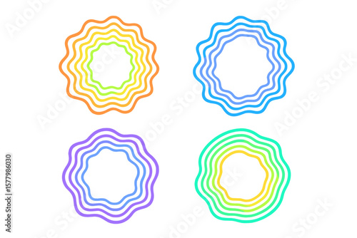 Set of geometric distortion circles. Colorful wavy curve design collection. Round sound wave frames in futuristic style. Radial curvy abstract doodle wave elements for design.