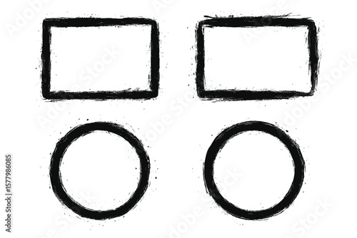 Grunge Rectangle and Circle Frames Set. Distressed Grunge Borders, Hand Drawn Splash Streaks, Rough Ink Shapes, Abstract Grungy Design Elements. Vector and Transparent PNG.