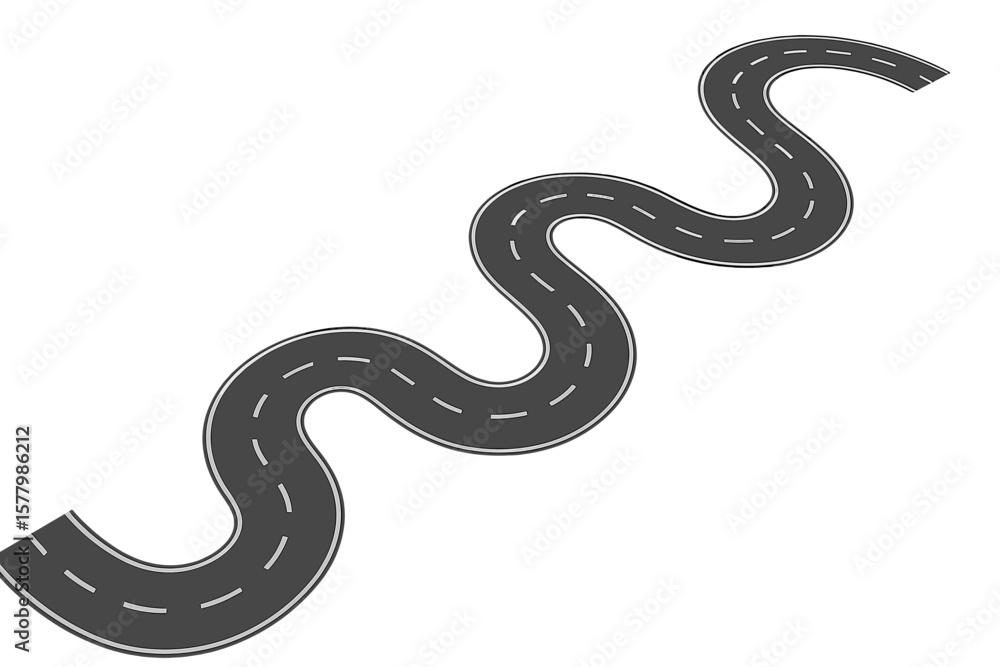 Obraz premium Winding Curvy Road Top View, Asphalt Highway with Sharp Turns, Isolated Vector Illustration, Transportation Concept, S-Shaped Path, Transparent Background, Traffic Route Design